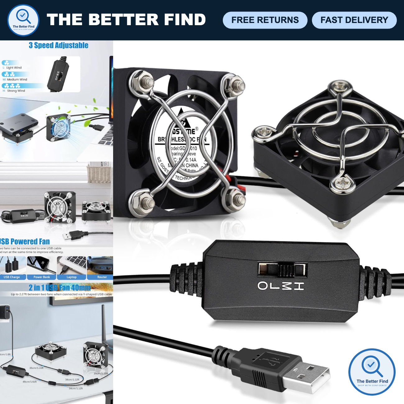 Dual 40mm USB Cooling Fans - 3 Speed Control Mini Brushless Fan for PC & Laptop