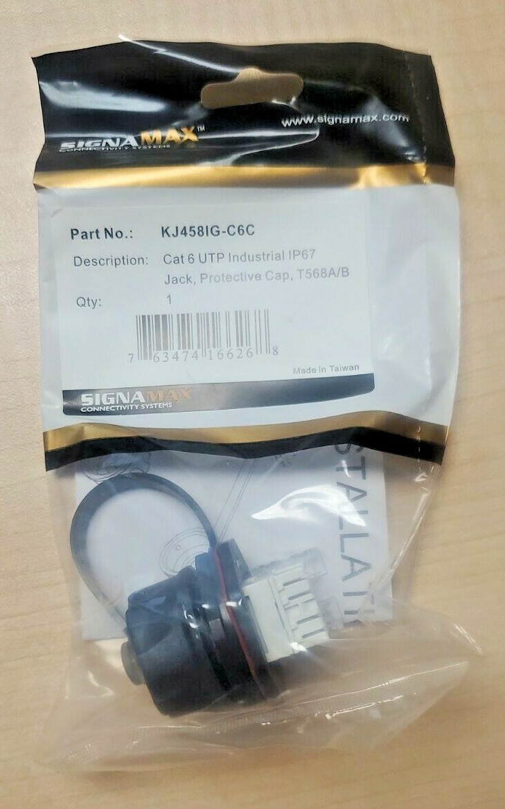 Signamax KJ458IG-C6C Cat 6 UTP Industrial IP67 Jack, Protective Cap, T568A/B