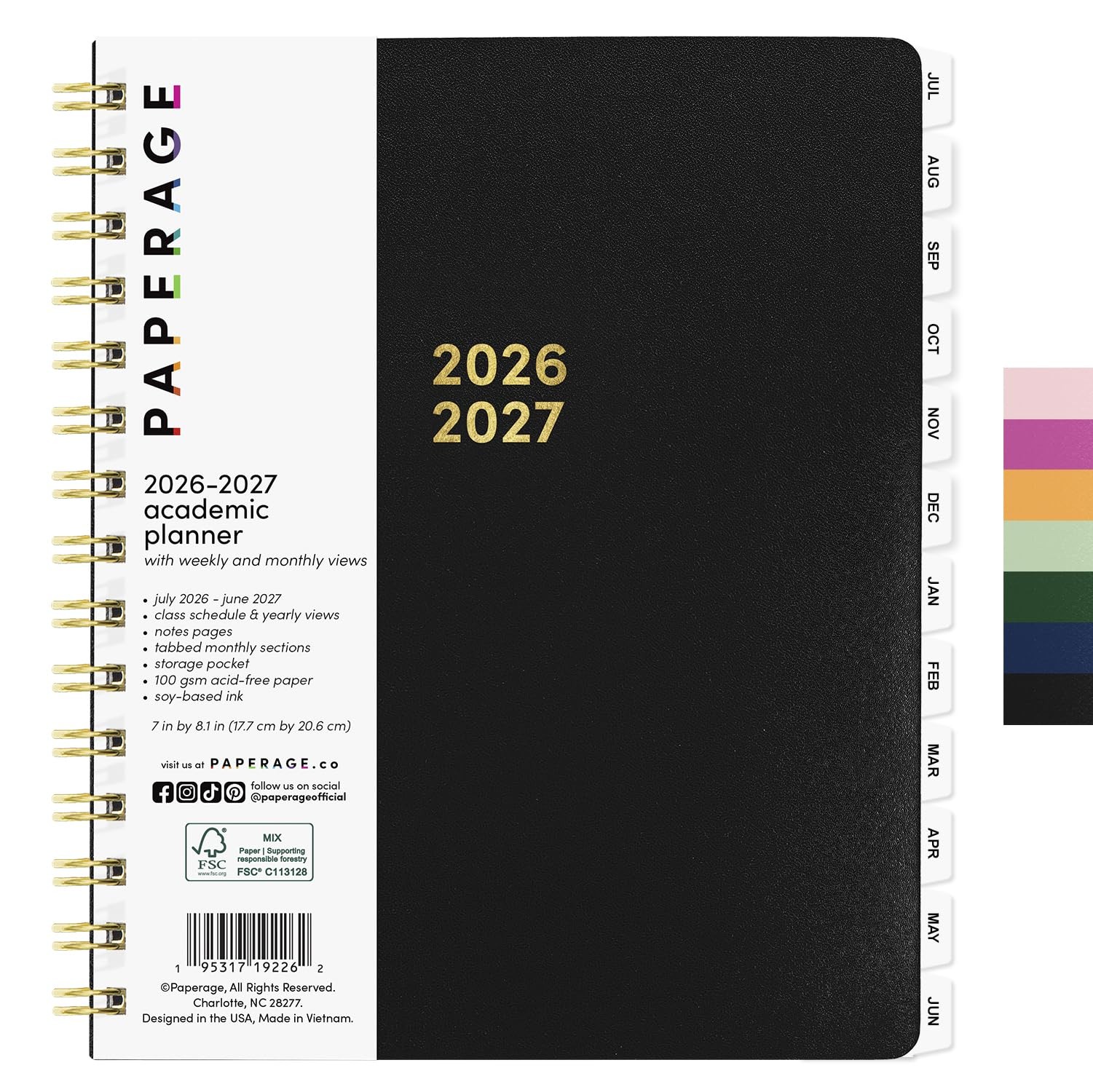 Student Planner Weekly Monthly 12 Months July 2026 7 x 8 Black PAPERAGE Academic