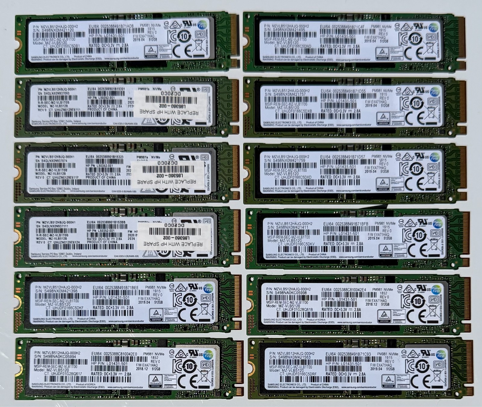 Lot of 12 used HP 512GB NVME M.2 2280 Gen3x4