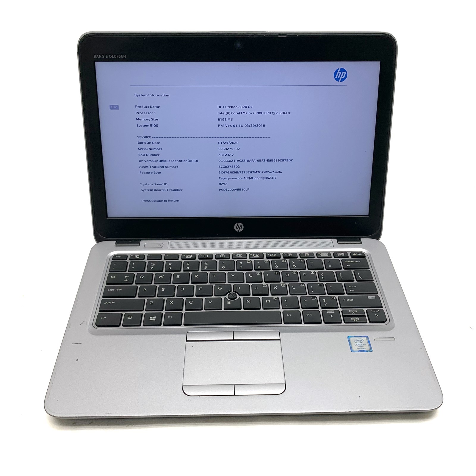HP Elitebook 820 G4 Laptop 12.5" Intel i5-7300U 2.60GHz 8GB No SSD, BIOs Locked