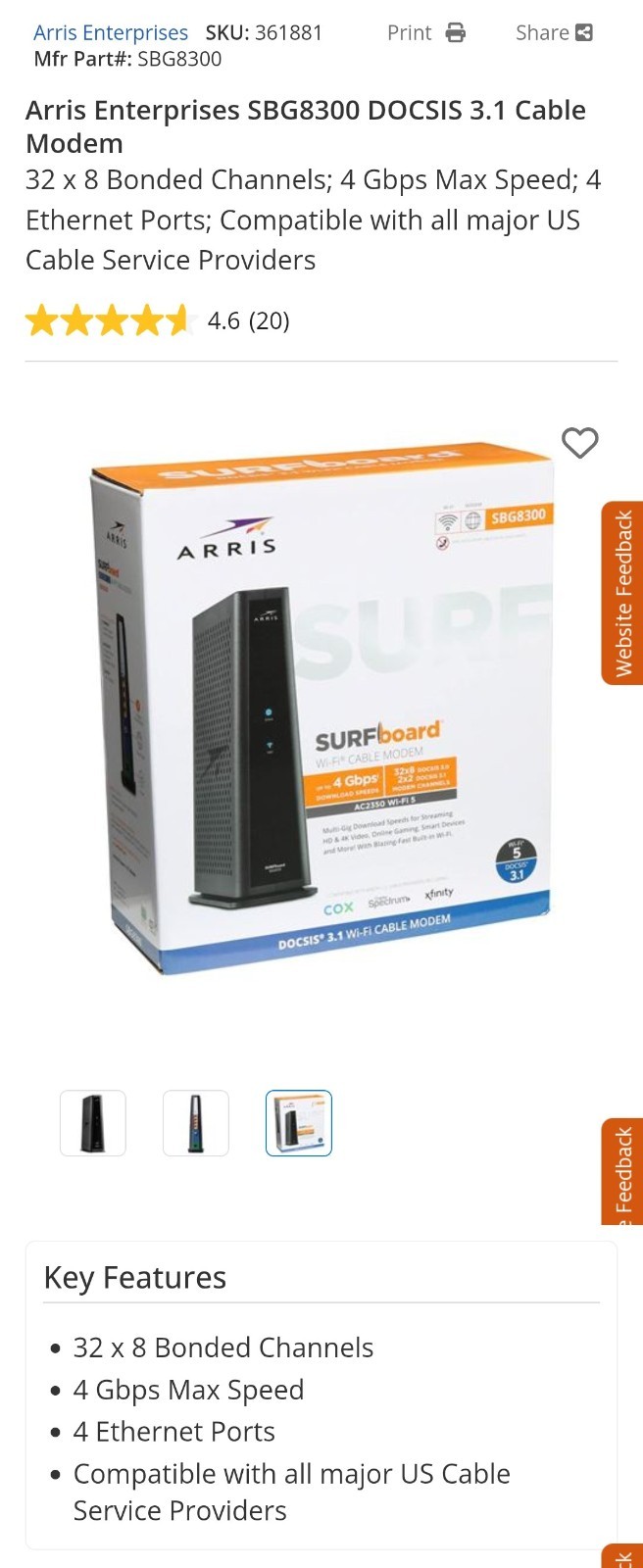 ARRIS SURFboard SBG8300 DOCSIS 3.1 Gigabit Cable Modem & AC2350 Dual Band Wi-Fi