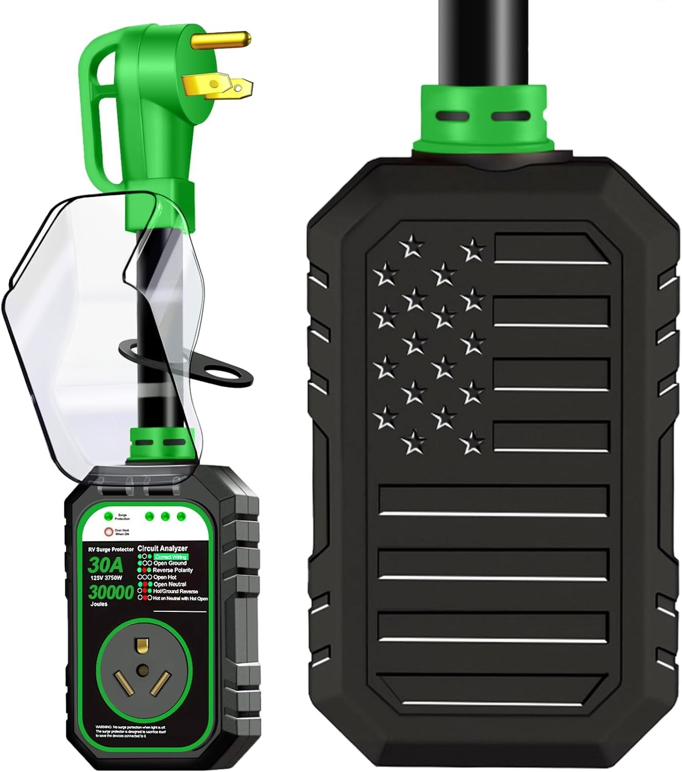 30000J 30Amp RV Surge Protector 30 Amp Flag Design - Upgraded Power 30AMP Green