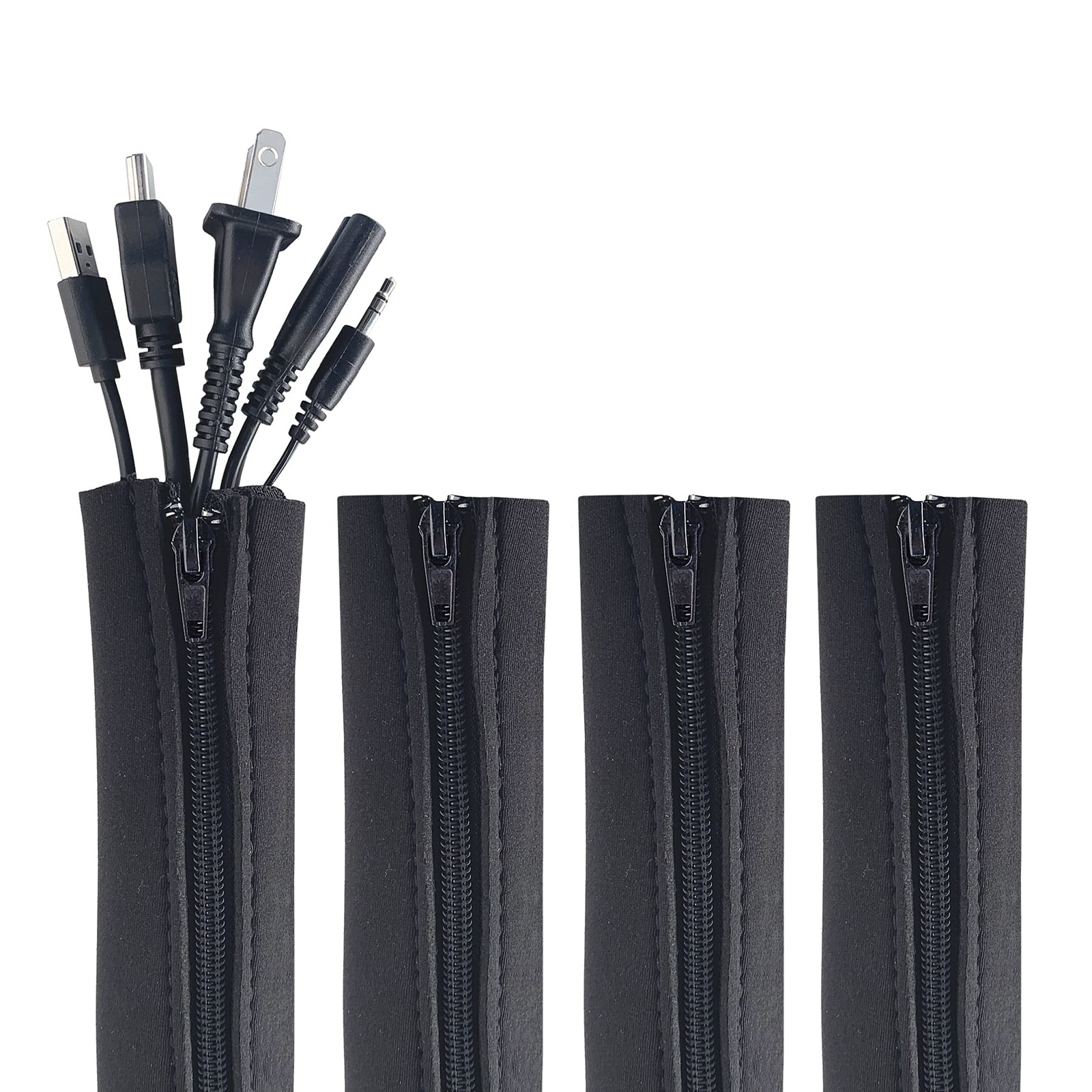 Zipper Cable Sleeve by Wrap-It Storage - 24" x 4" 24in (4-Pack), Black 