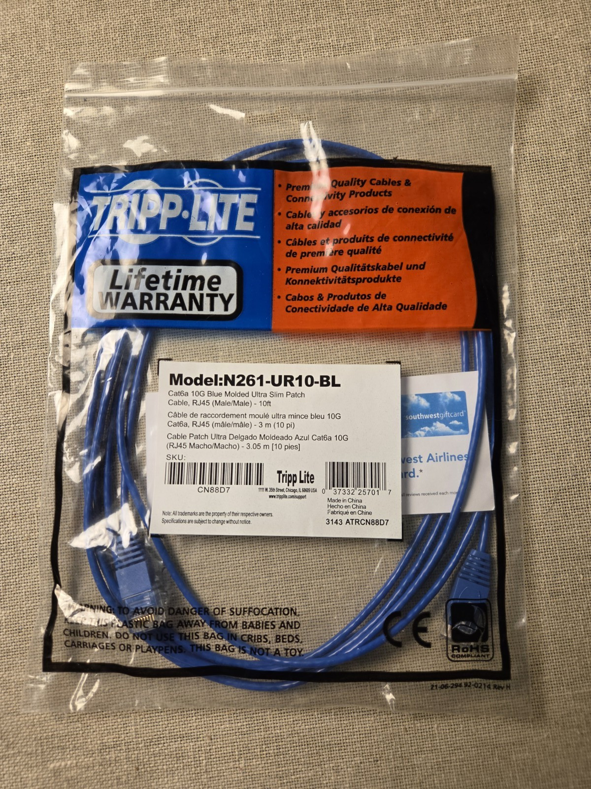 Tripp Lite N261-UR10-BL 10ft Cat6a 10G Ultra-Slim Ethernet Cable Blue