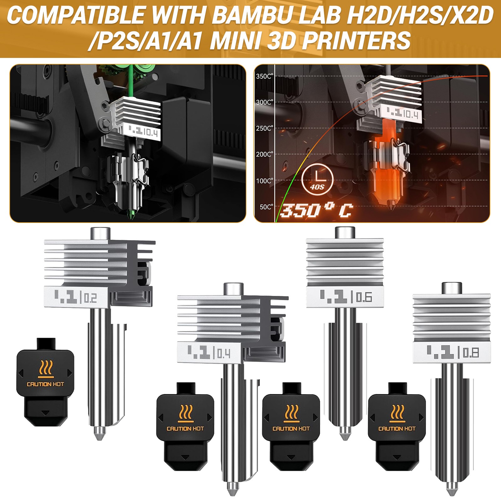 4Pcs Upgraded Hotend Kit with Replaceable Hardened Steel Nozzle for Bambu Lab A1
