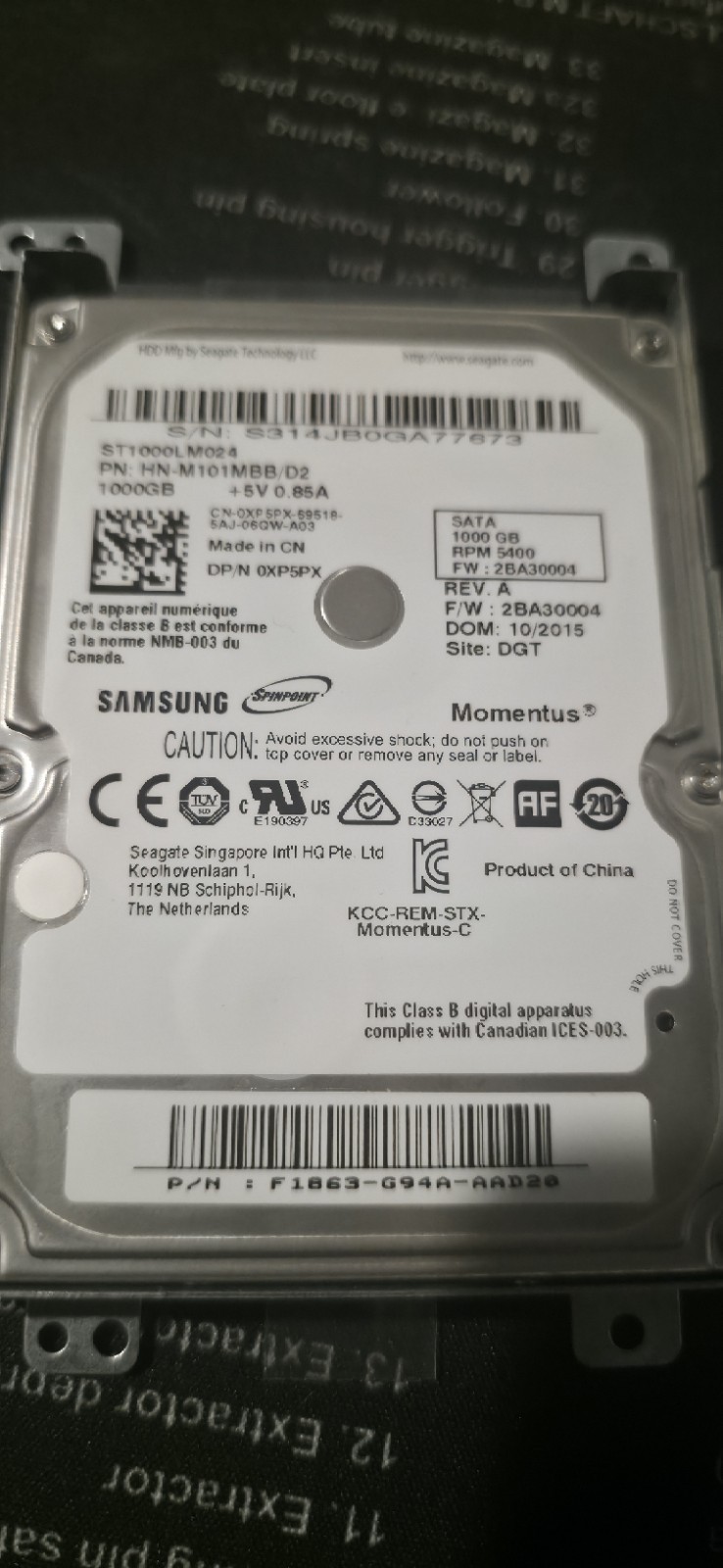 ST1000LM024 P/N:HN-M101MBB/D2, 2BA30003, Seagate 1TB 2.5 Hard Drive NT*
