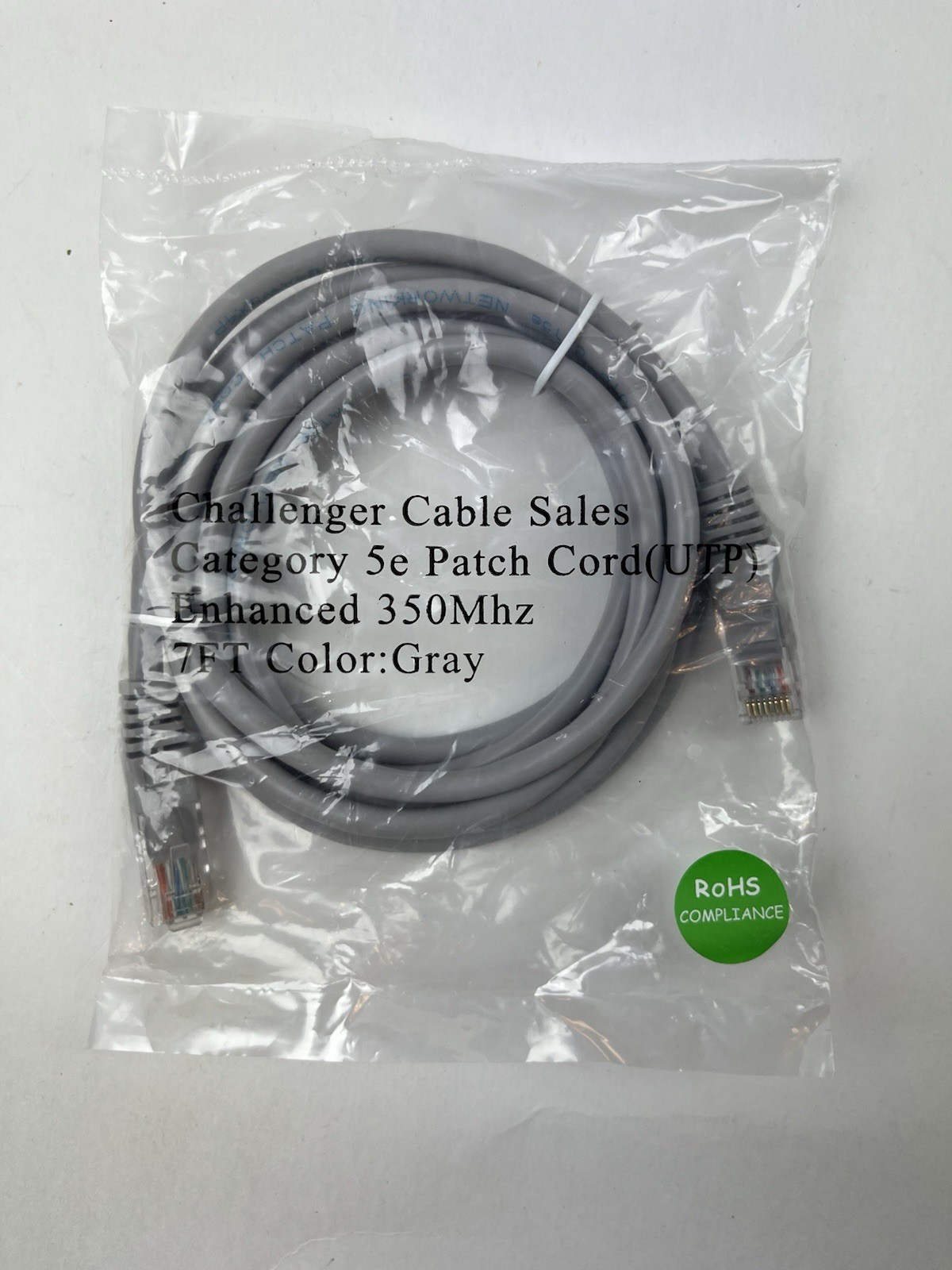 Challenger Category 5e Patch Cord Enhanced 350Mhz 7 Ft Cat 5 Cable NEW Gray Grey