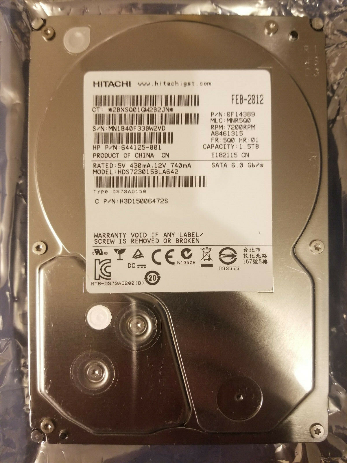 Hitachi HDS723015BLA642 PN 0F14389 MLC MNR5Q0 FR 5Q0 1.5TB  SATA 3.5" HD