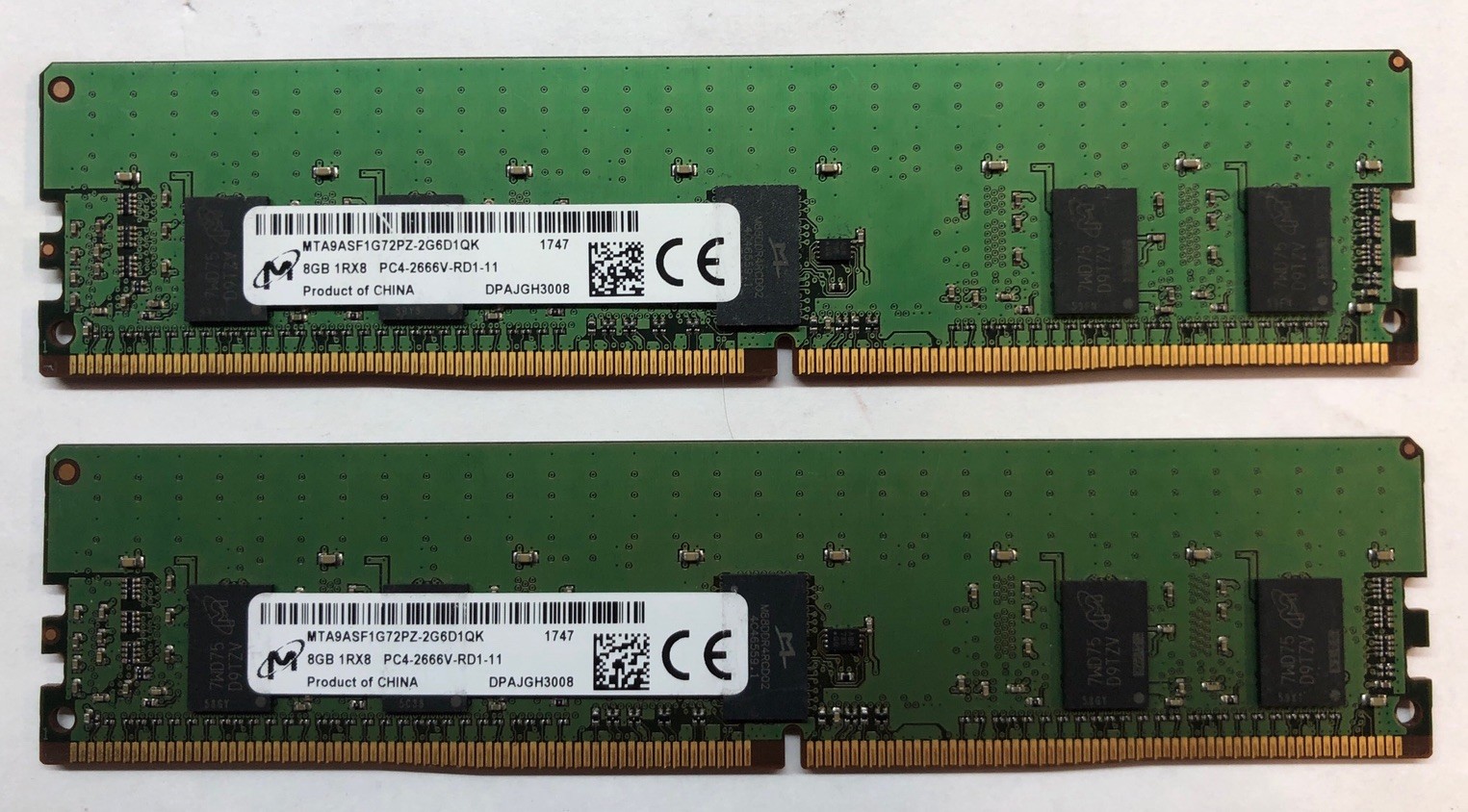 Lot of 2 (16 GB) Micron MTA9ASF1G72PZ-2G6D1QK | 8GB 1Rx8 PC4-2666V | ECC RDIMM