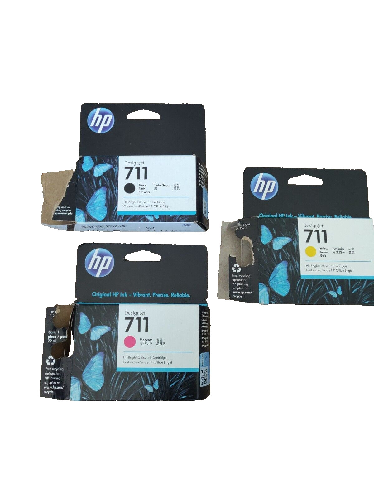 Genuine HP 711 Ink Cartridges, Black, Magenta, Yellow / Lot of 3, EXP 2 & 3/2025