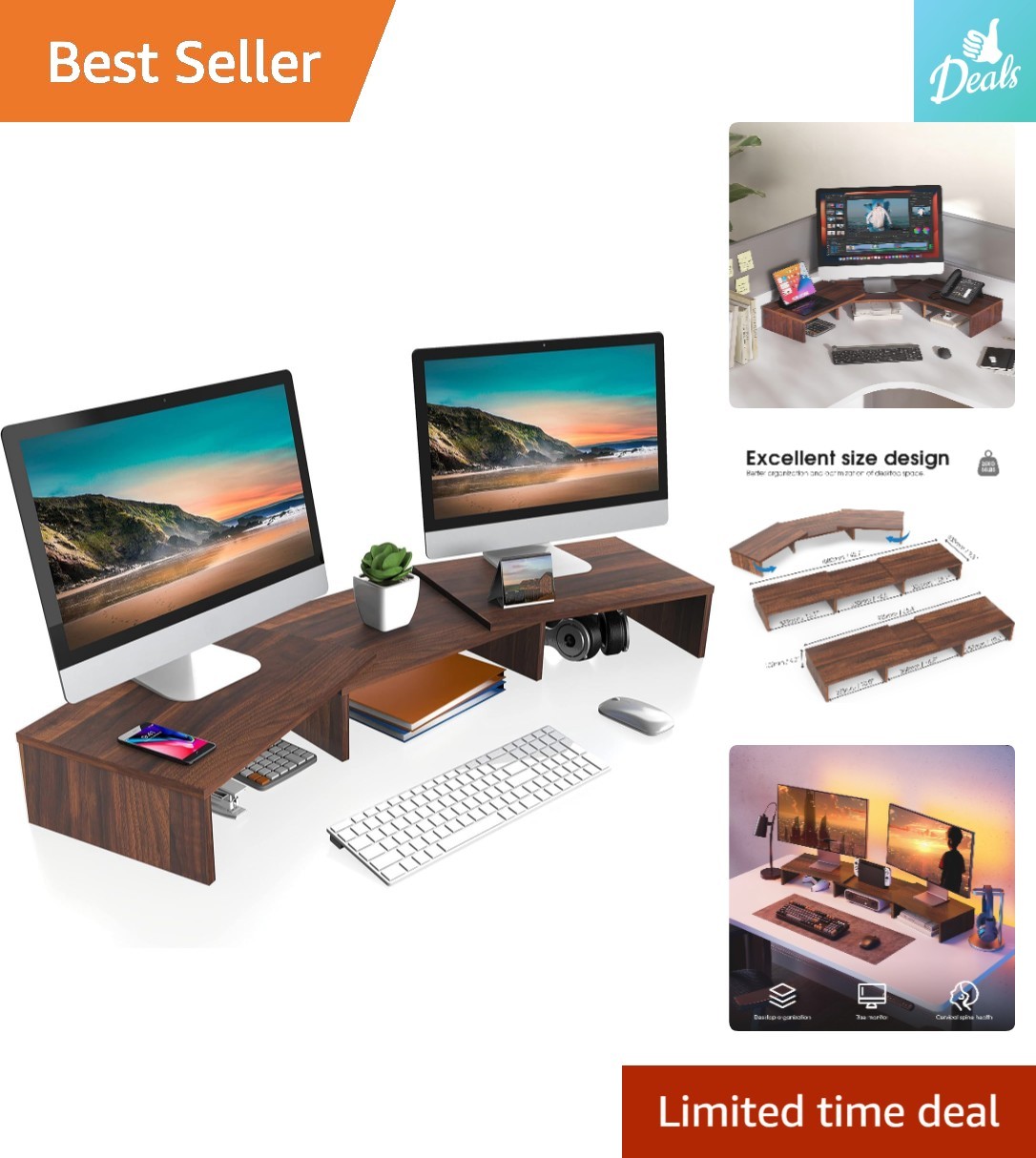 Versatile Dual Monitor Riser with Adjustable Angle - Posture Enhancing Brown