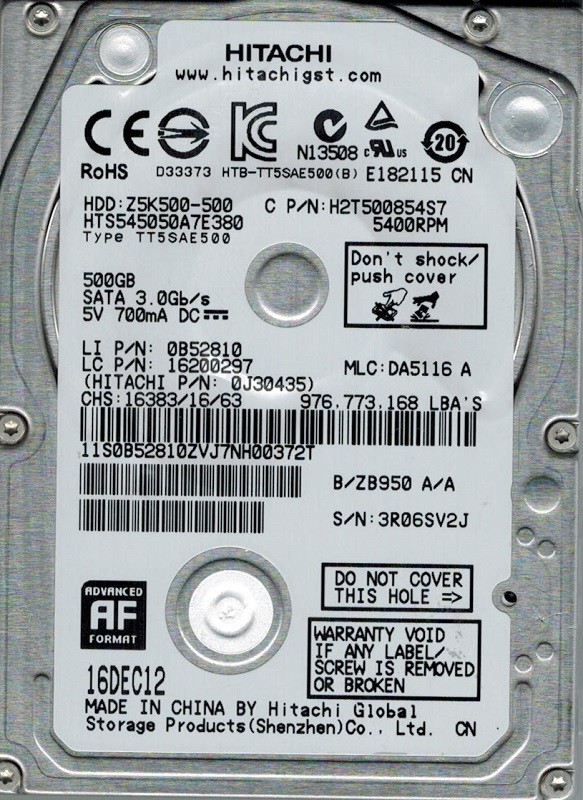 Hitachi HTS545050A7E380 P/N: 0J30435 MLC: DA5116 500GB