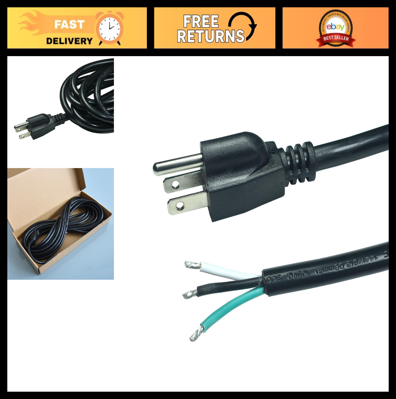 30ft Heavy Duty 14 Gauge Power Supply Cord, 3 Prong NEMA 5-15, 110V/120V, Pigtai