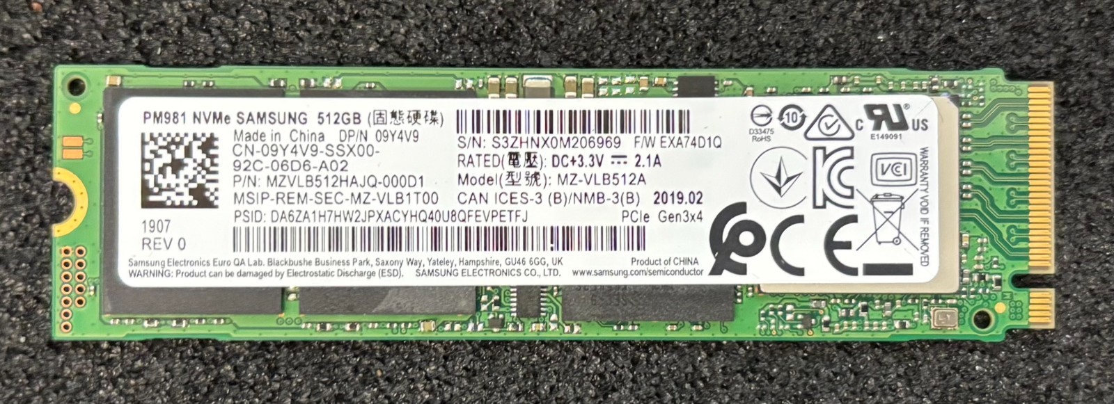 Samsung PM981 512GB NVMe m.2 SSD | MZ-VLB512A | 100% Health