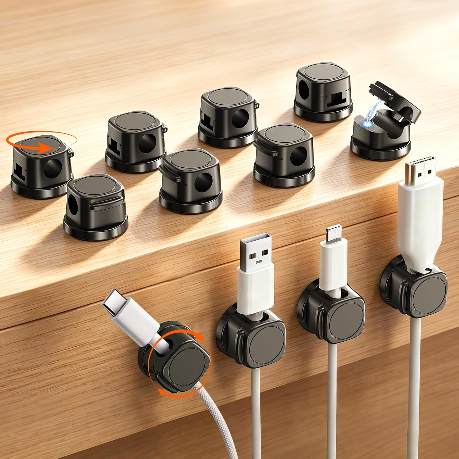 Magnetic Cable Clips 12 Pack, 360° Rotatable Self-Adhesive Cord Holder with One-