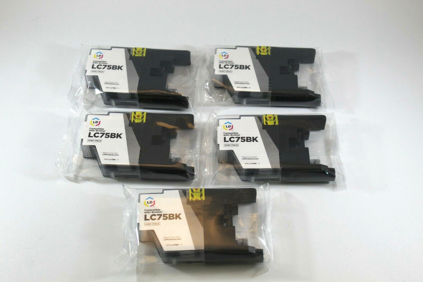 Lot of 5 High Yield LD Brand LC75BK Ink Cartridges for Brother Printers