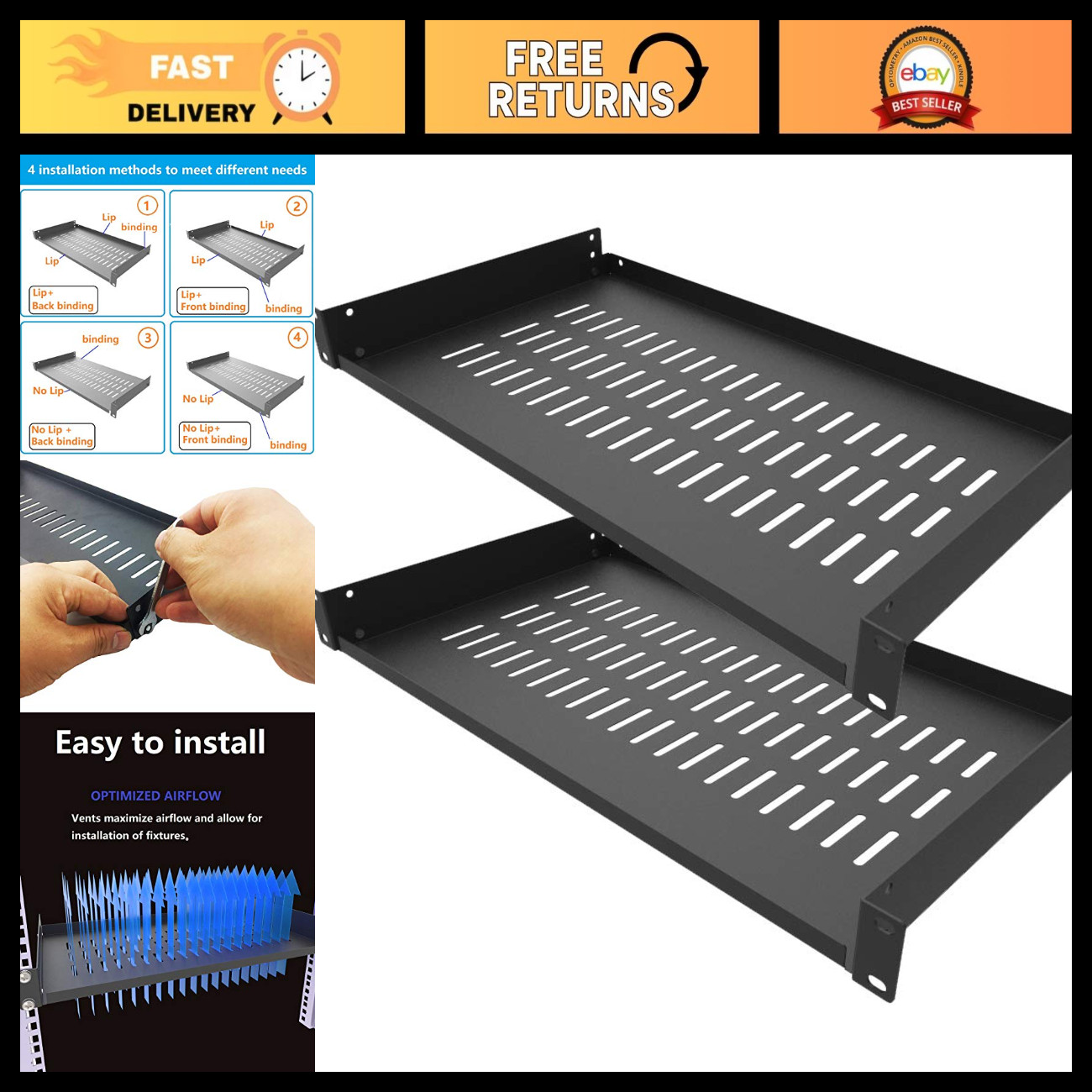 2 Pack 1U Vented Cantilever Server Rack Shelf - 10" Deep, Heavy Duty Storage