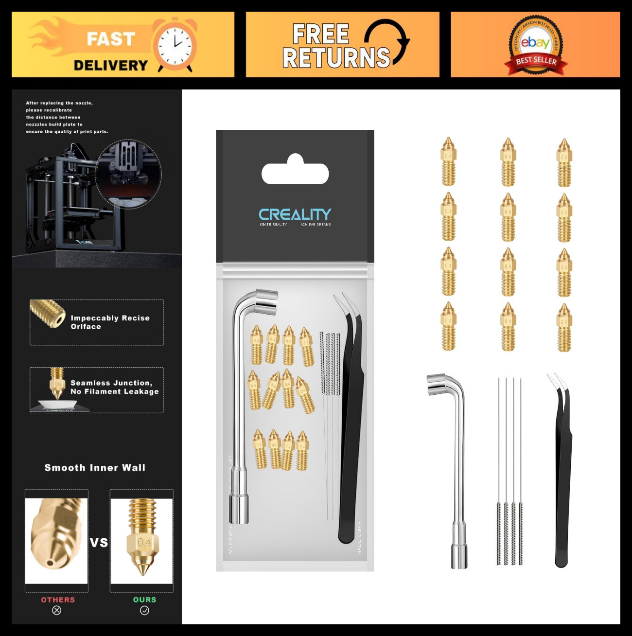 12pcs 0.4mm Brass Nozzles for 3D Printers - High Speed, Wear Resistant, Hot End