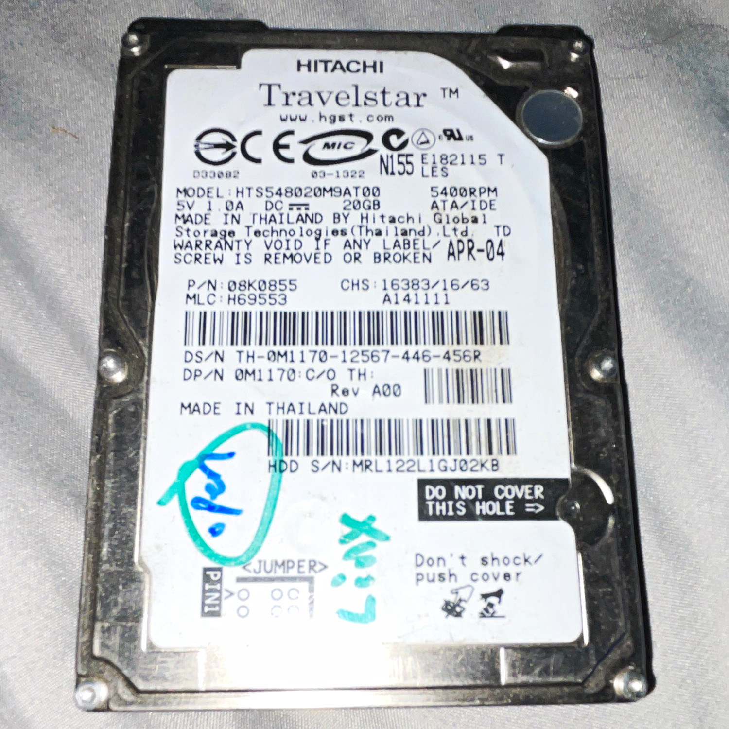 Hitachi Travelstar HTS548020M9AT00 20GB2.5" IDE 5400RPM2MB HDD 08K0855 UNTESTED