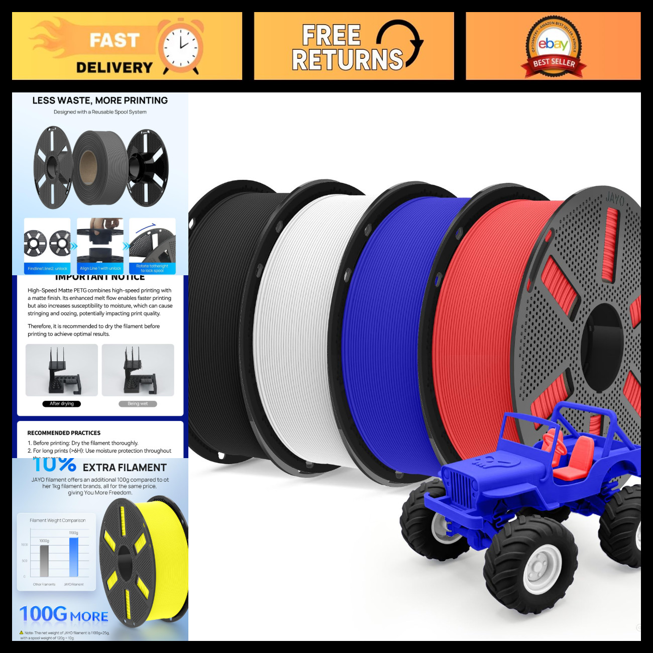 High Speed Matte PETG Filament 1.75mm, 4.4kg Bundle, 1.1kg Spools for 3D Printin