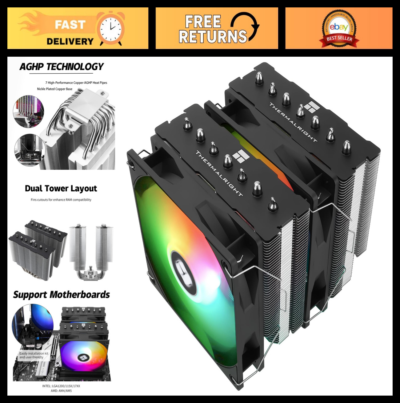 High-Performance ARGB CPU Air Cooler, 7 Heat Pipes, Dual 120mm PWM Fans, AMD/Int