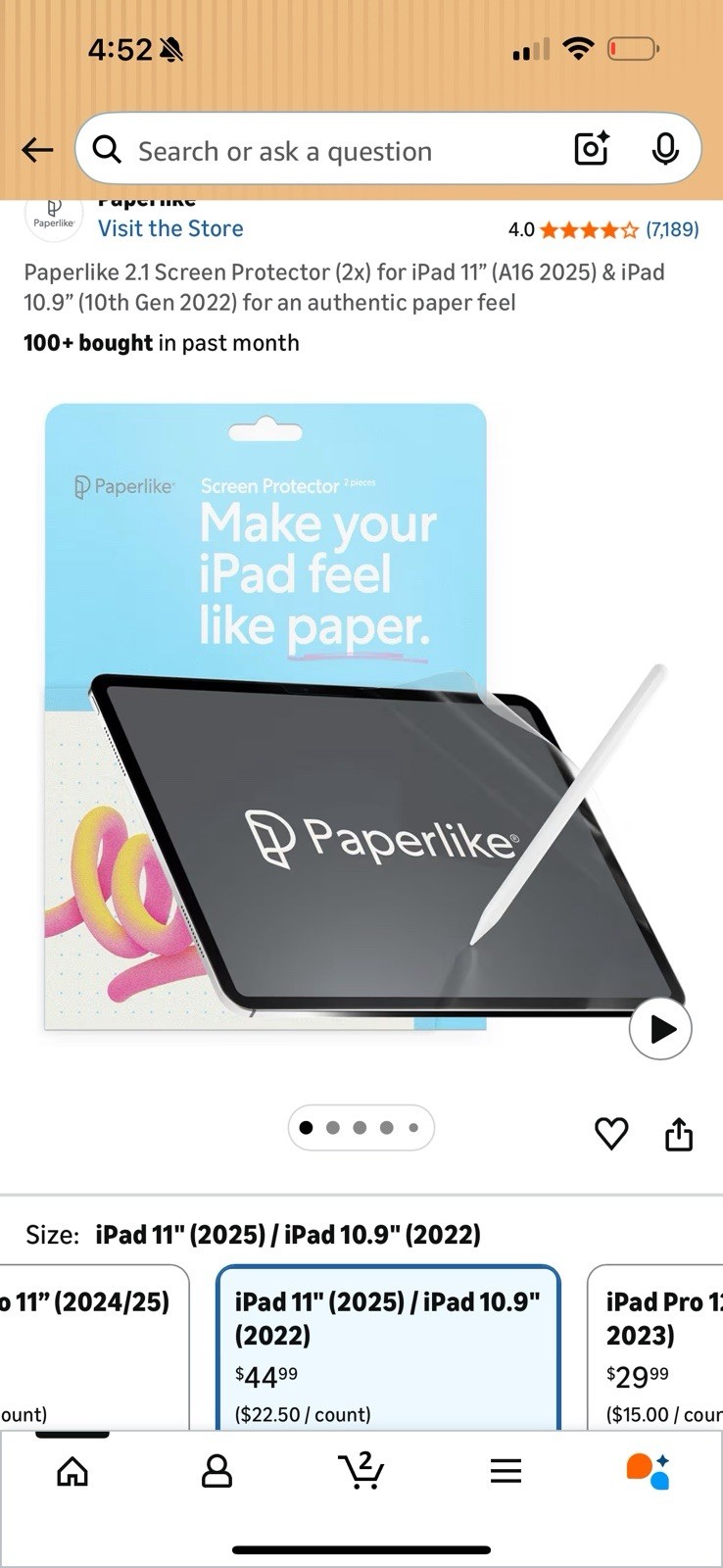 Paperlike 2.1 Screen Protector for iPad 11 (2025) & 10.9 (2022), Anti-Glare