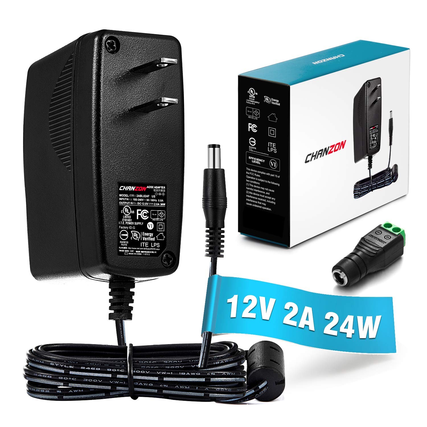 Chanzon 12V 2A 24W Power Supply 2.1(2.5) x5.5mm Plug AC DC 1 Pack, Black 