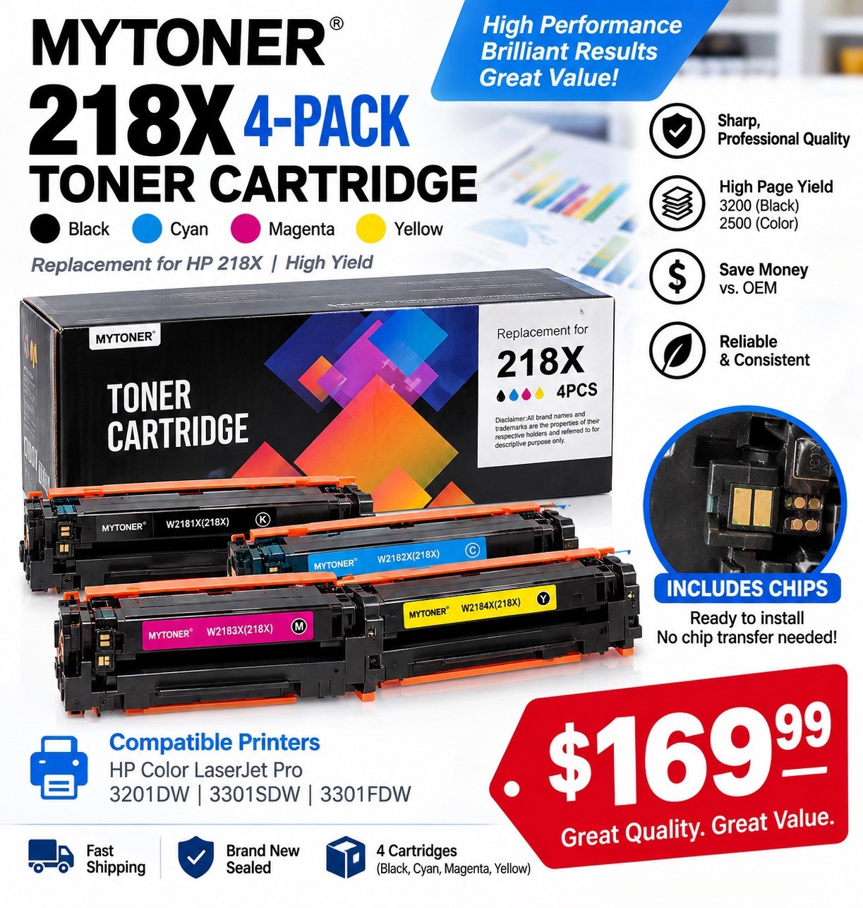 MYTONER 218X 4-Pack Toner w/ Chips HP 3201DW 3301SDW 3301FDW New Sealed