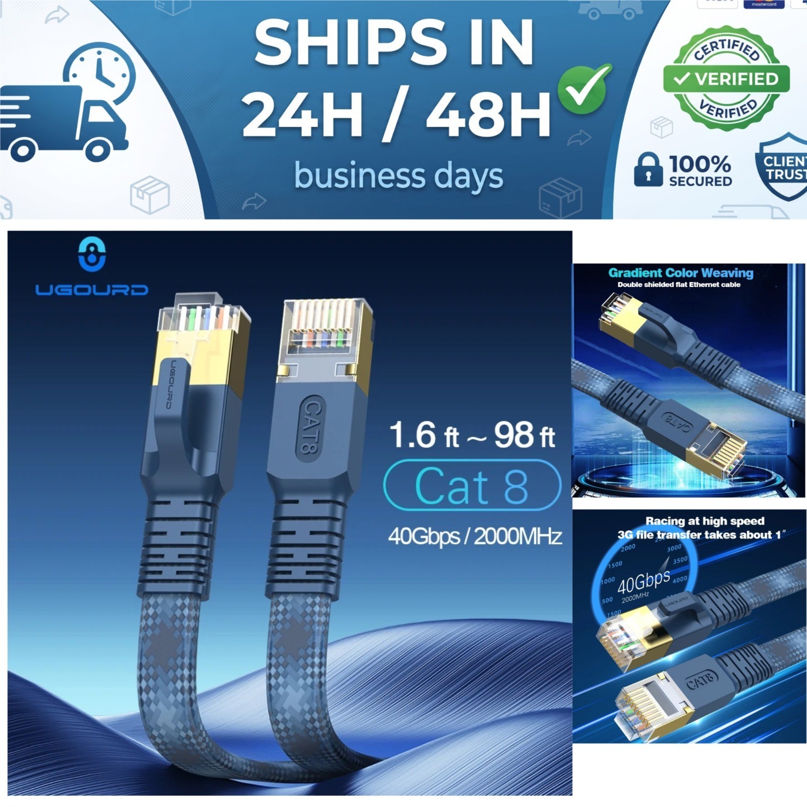 CAT 8 Ethernet Cable 40Gbps 2000MHz Flat Braided RJ45 LAN Patch Cord