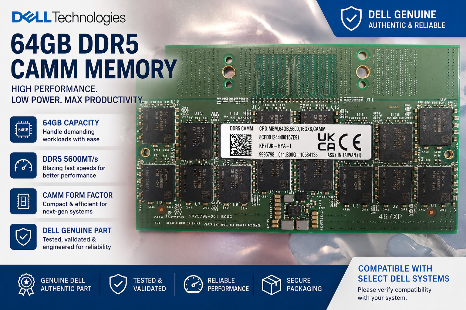 NEW Dell 64GB DDR5 5600MHz CAMM Module for Dell Precision 7670 KP7TJK-HYA-I