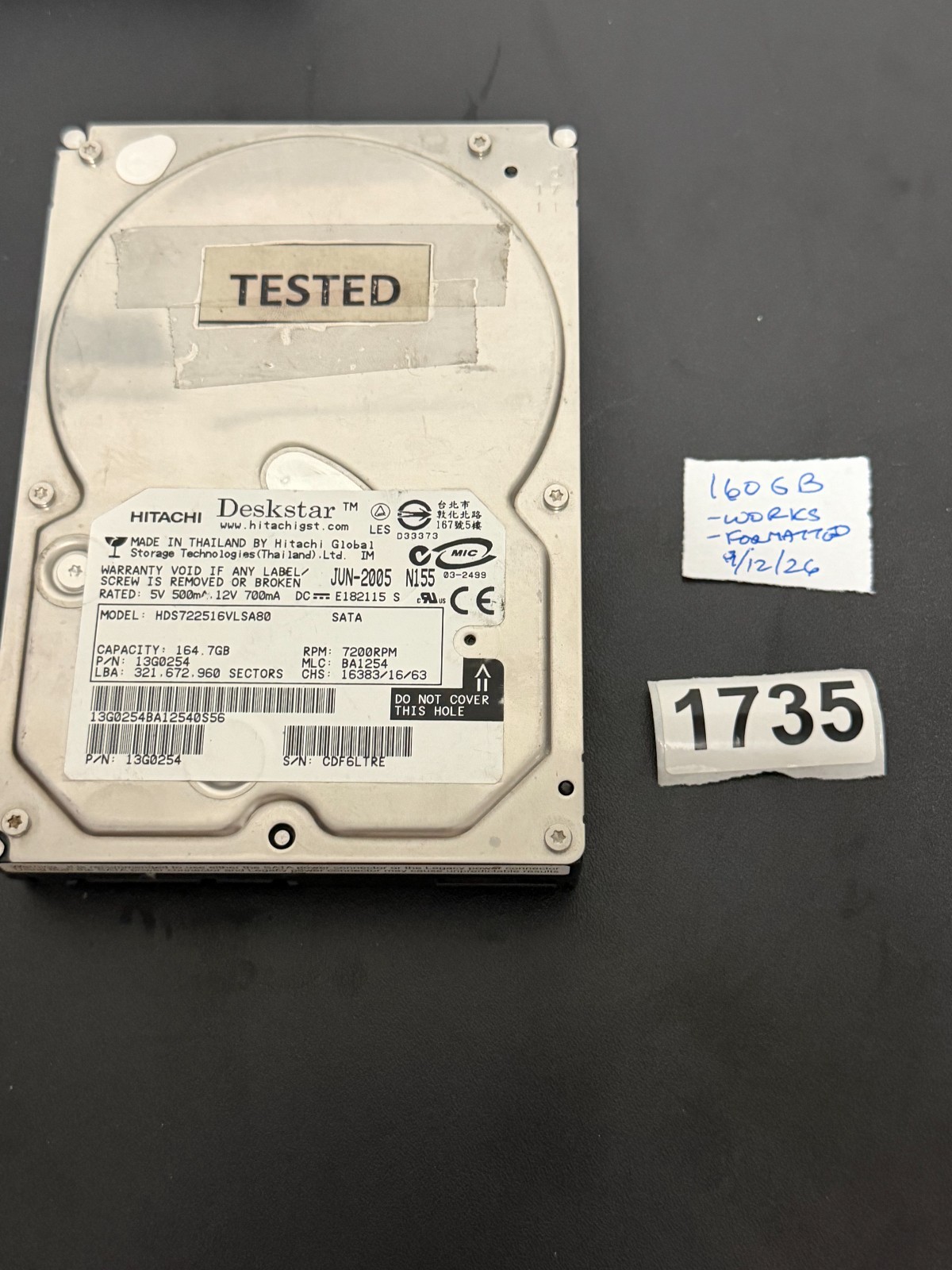 Hitachi 160 GB SATA HDS722516VLSA80 3.5" Desktop Internal HDD --WORKS --REF 1735
