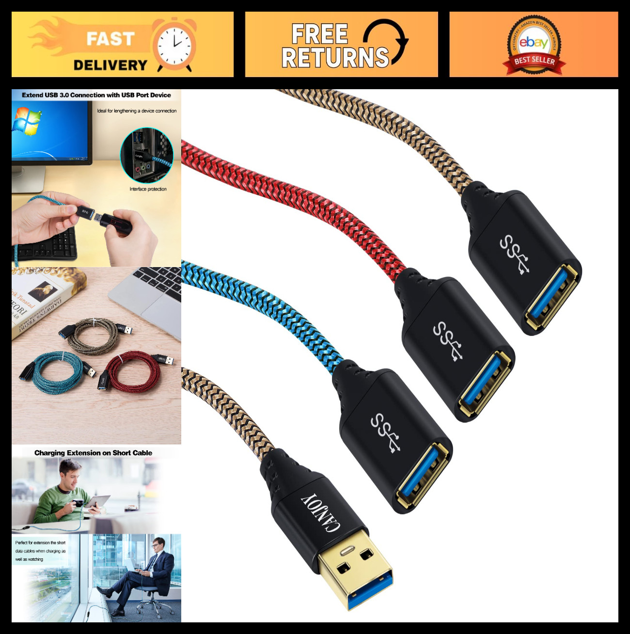 USB 3.0 Extension Cable 6ft - 3-Pack Braided Type A Male to Female, Fast Data Tr