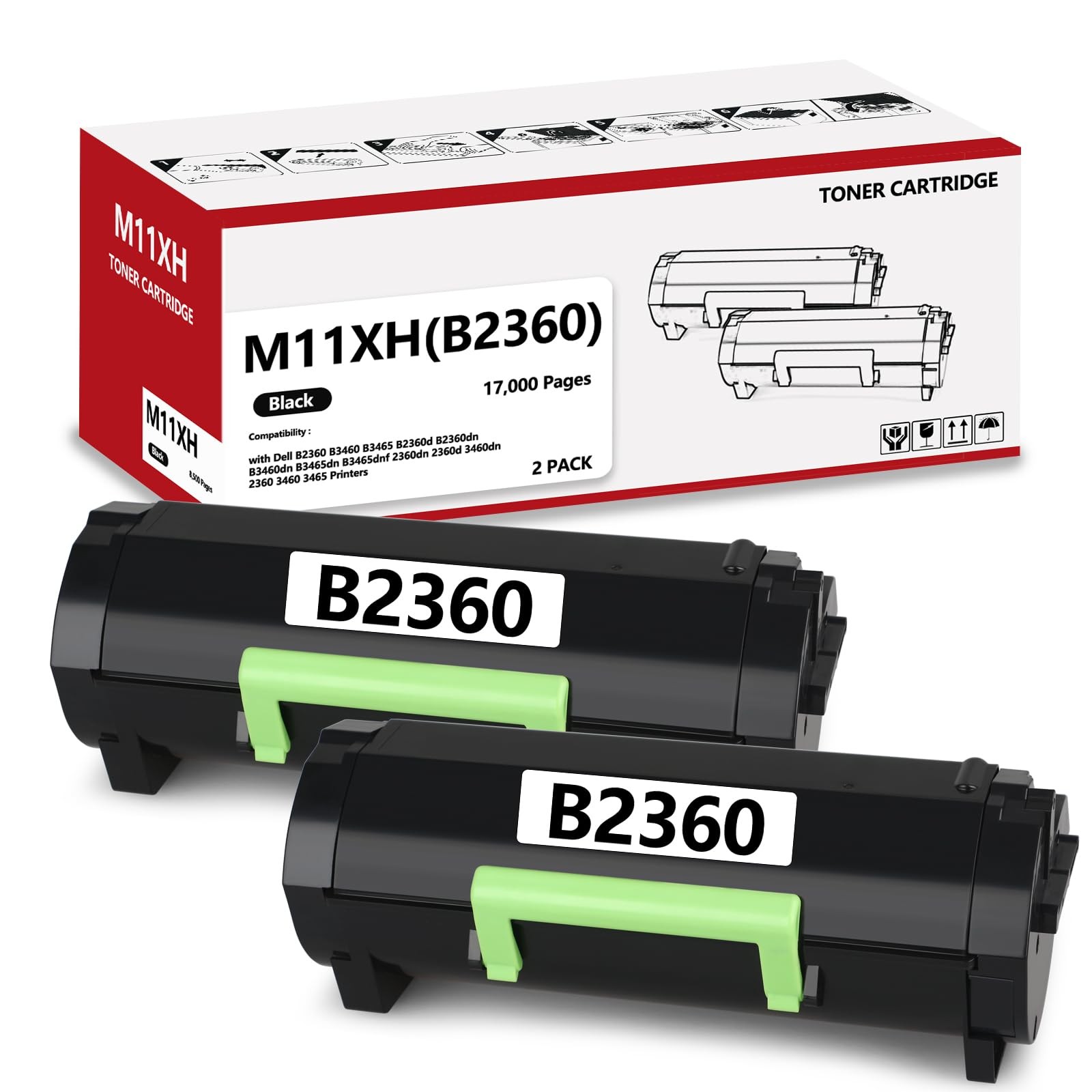 ** NEW Dell Toner | B2360 | Black | With Chips | High Yield | Compatible | 2-Pak