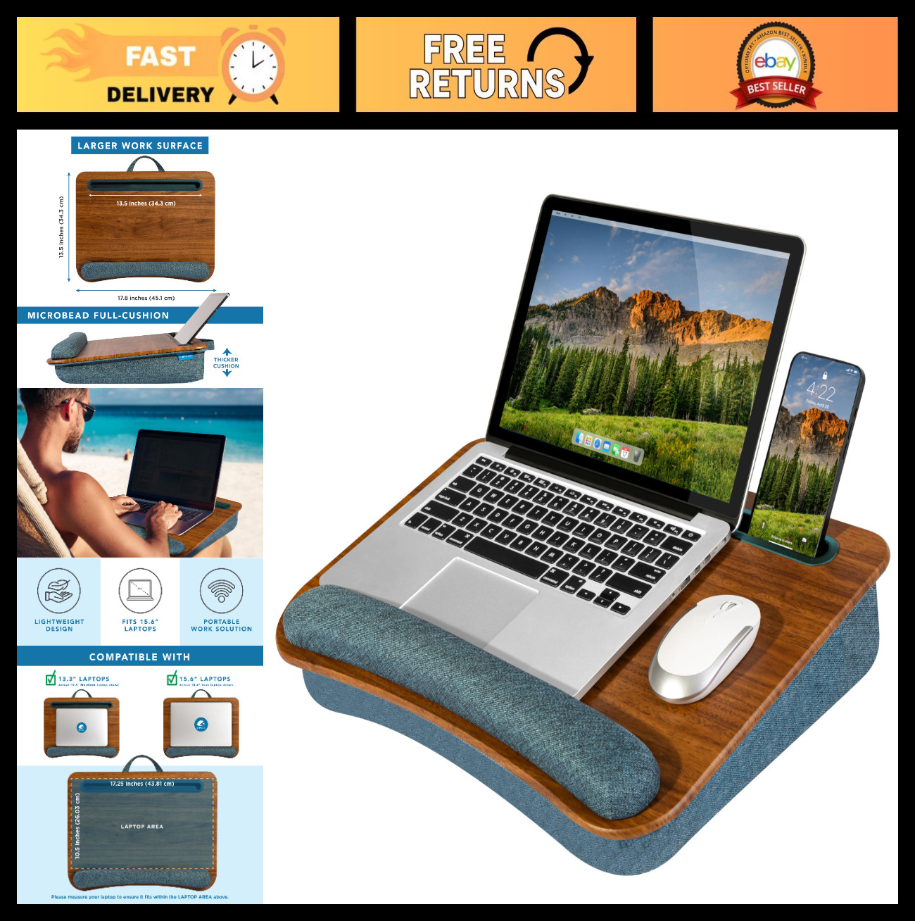 Portable Laptop Lap Desk - Espresso Woodgrain, Fits 15.6" Laptops, Ideal for Hom