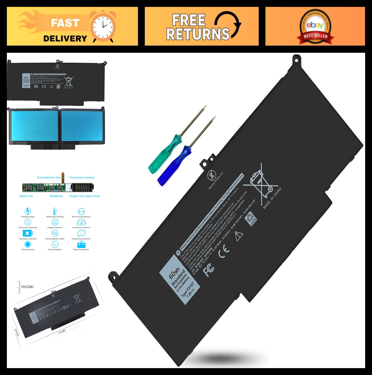 High-Capacity Laptop Battery Replacement for Dell Latitude 7280 7390 7480 7490 6