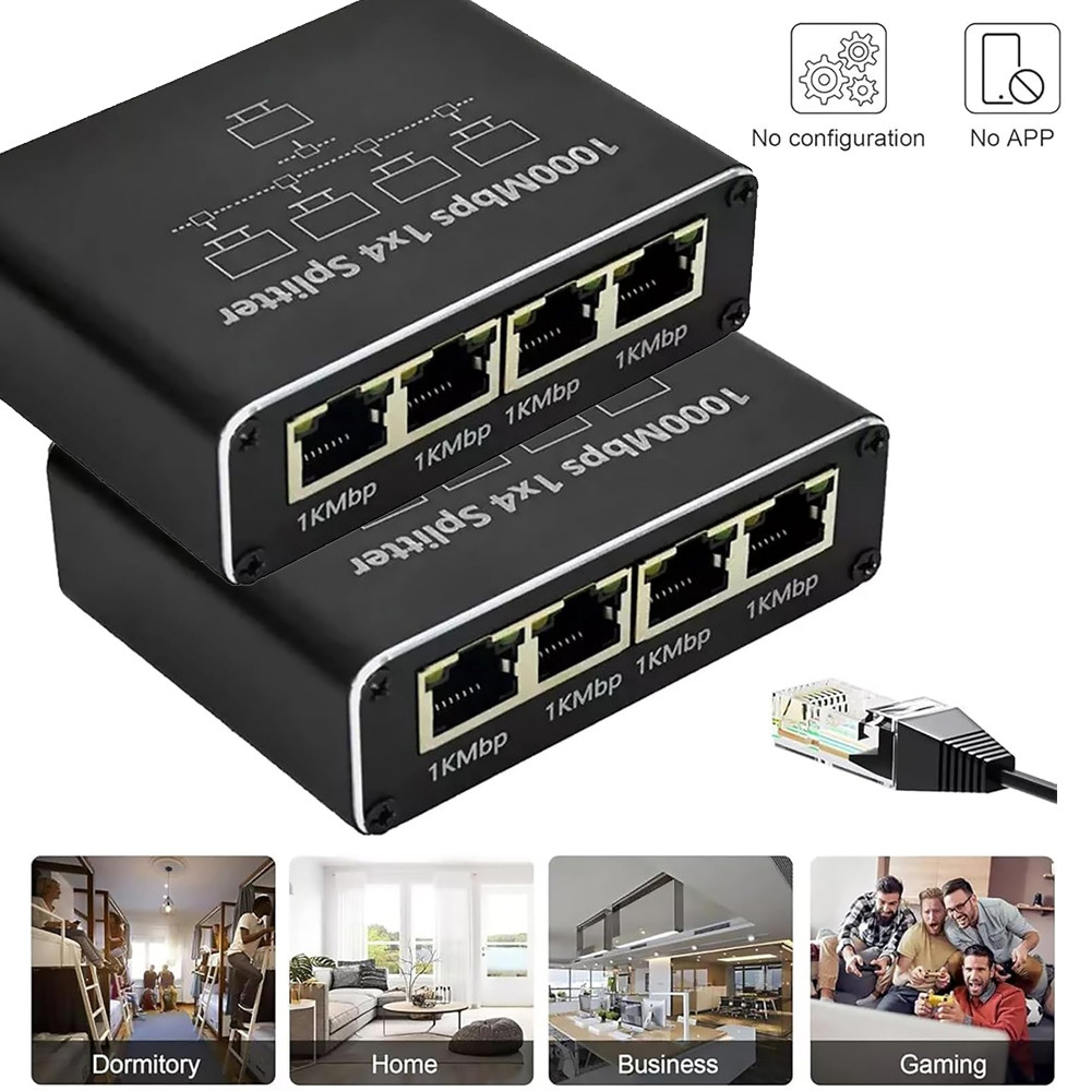 2Pcs Gigabit Ethernet Splitter 1 to 4 Port RJ45 LAN Network Adapter 1000Mbps