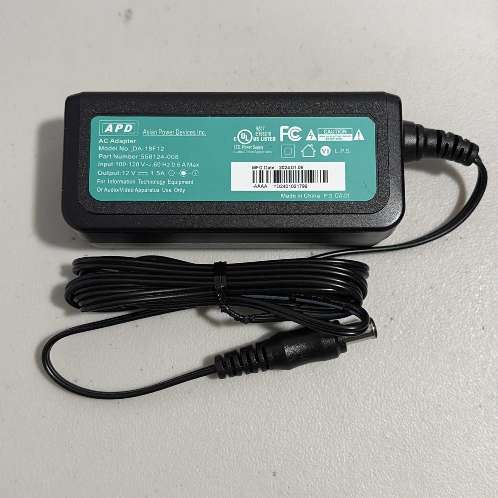 APD Asian Power Adapter AC ADAPTER ONLY 12V 1.5a  Model DA-18F12