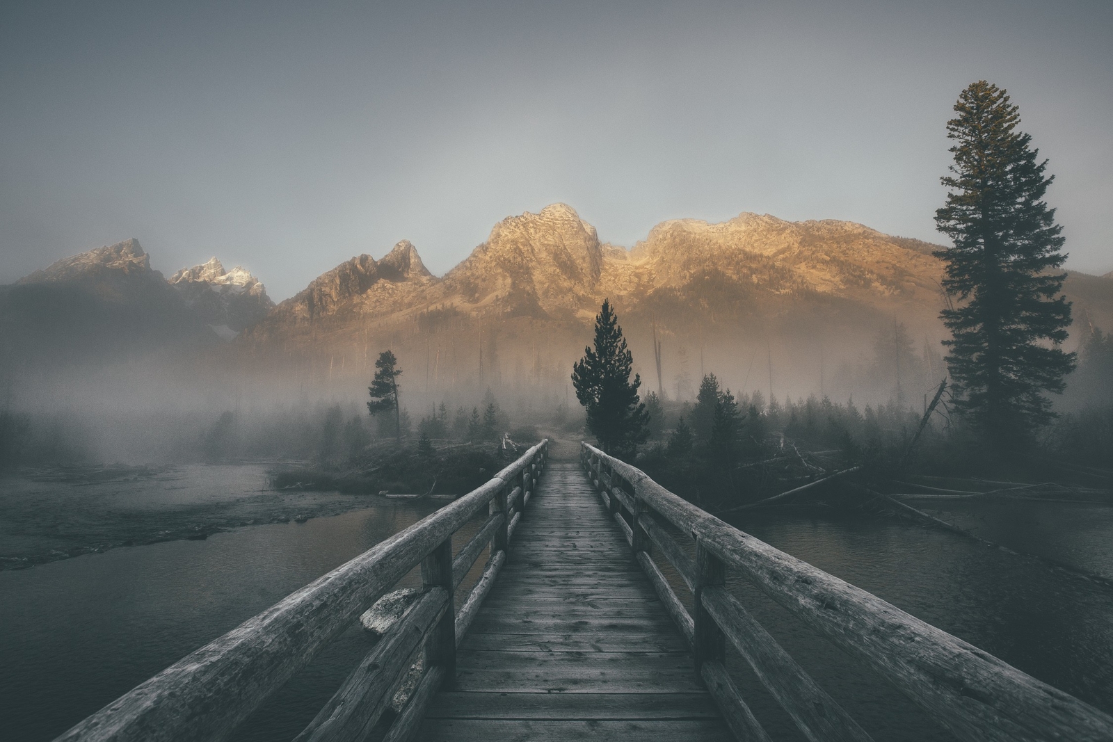 Landscape mist mountains bridge forest wood Custom Gaming Mat Desk