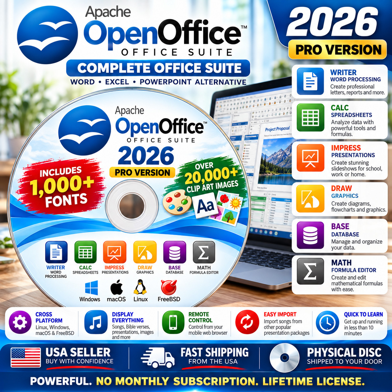 Open Office Pro Home Student Business 2026 Software Suite for Windows and MAC CD