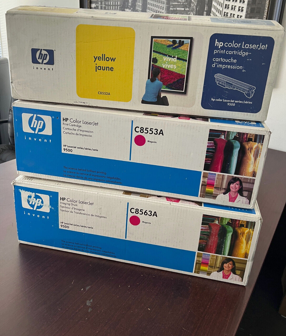 Lot of 3 Genuine New HP 9500 Drum &Toners C8563A C8553A C8552A Yellow Magenta