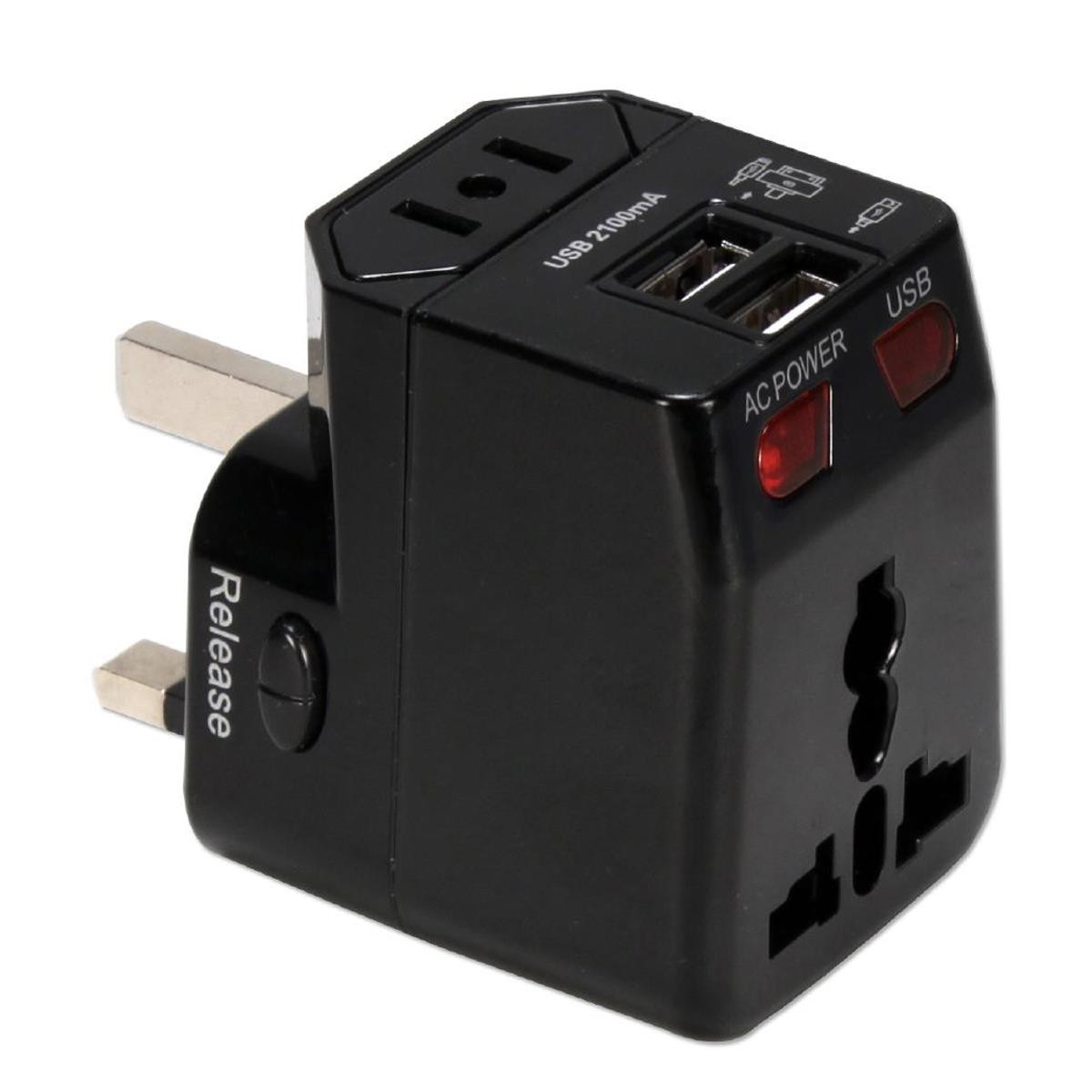 QVS Premium World Travel Power Adapter with Surge Protection & 2.1A Dual-USB Cha