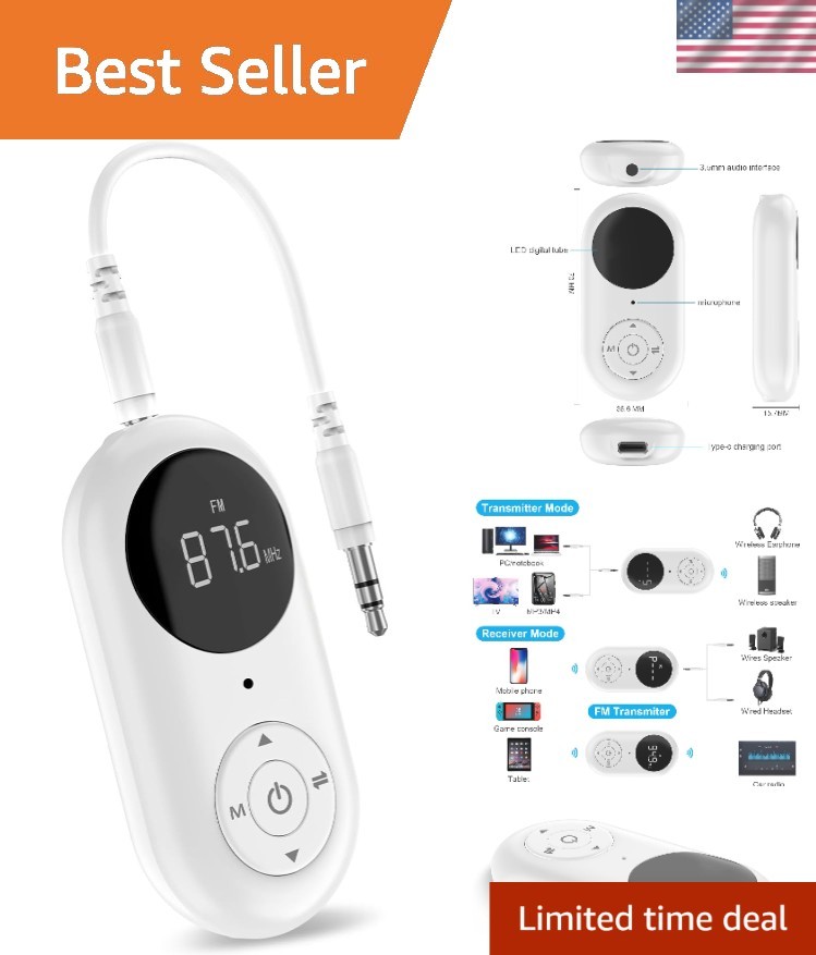 Portable Bluetooth 5.3 Transmitter Receiver with Built-in Microphone & LCD