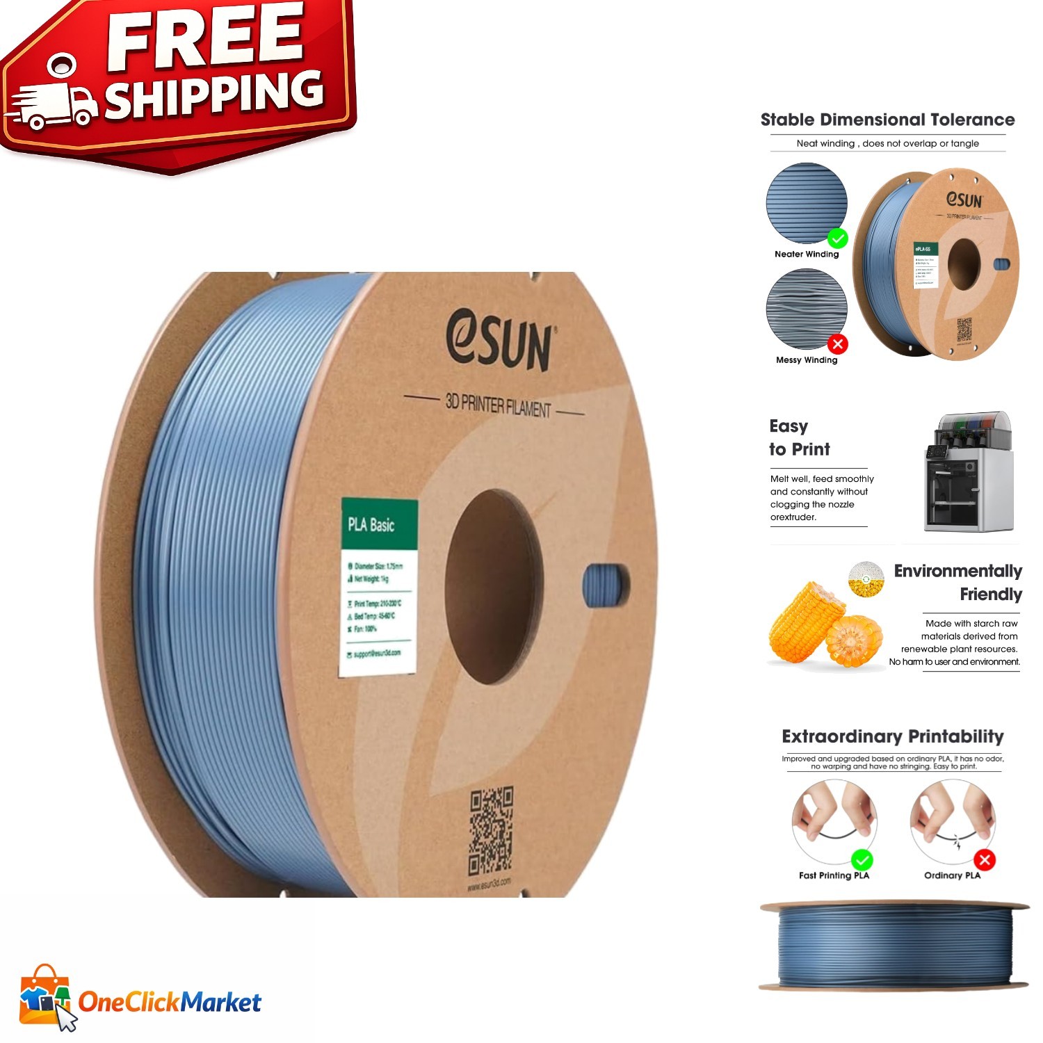 Versatile 1.75mm Light Grey PLA Filament 1KG - Compatible with Most 3D Printers