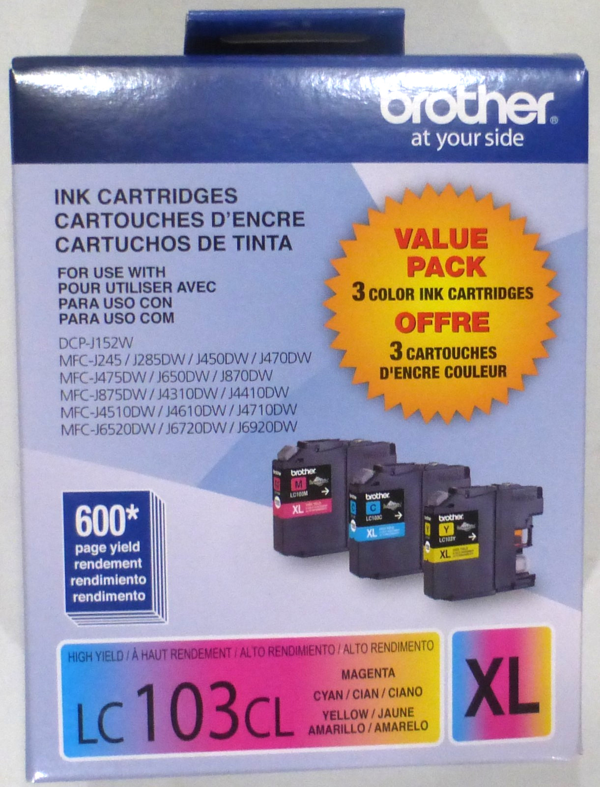 Genuine OEM Brother LC103CL XL 3PACK 600 Page High-Yield Ink Cyan Magenta Yellow