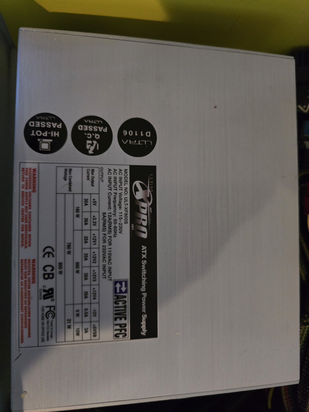 Ultra X PRO, ATX Switching Power Supply, 800 W, 50-60Hz, 115-230V
