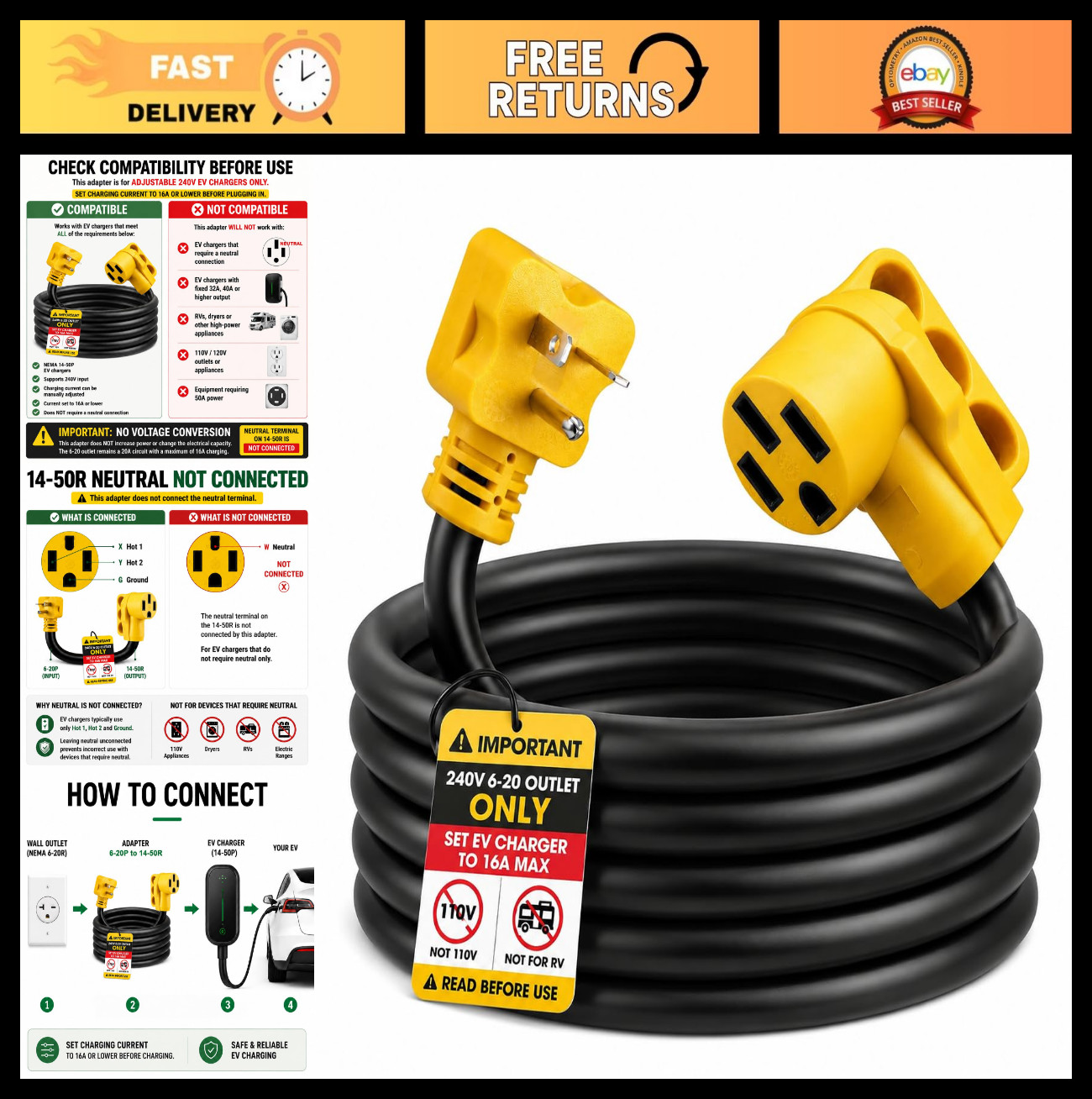 10ft EV Charger Adapter Cord NEMA 6-20P to 14-50R, 16A Max, 220V, Fast Charging