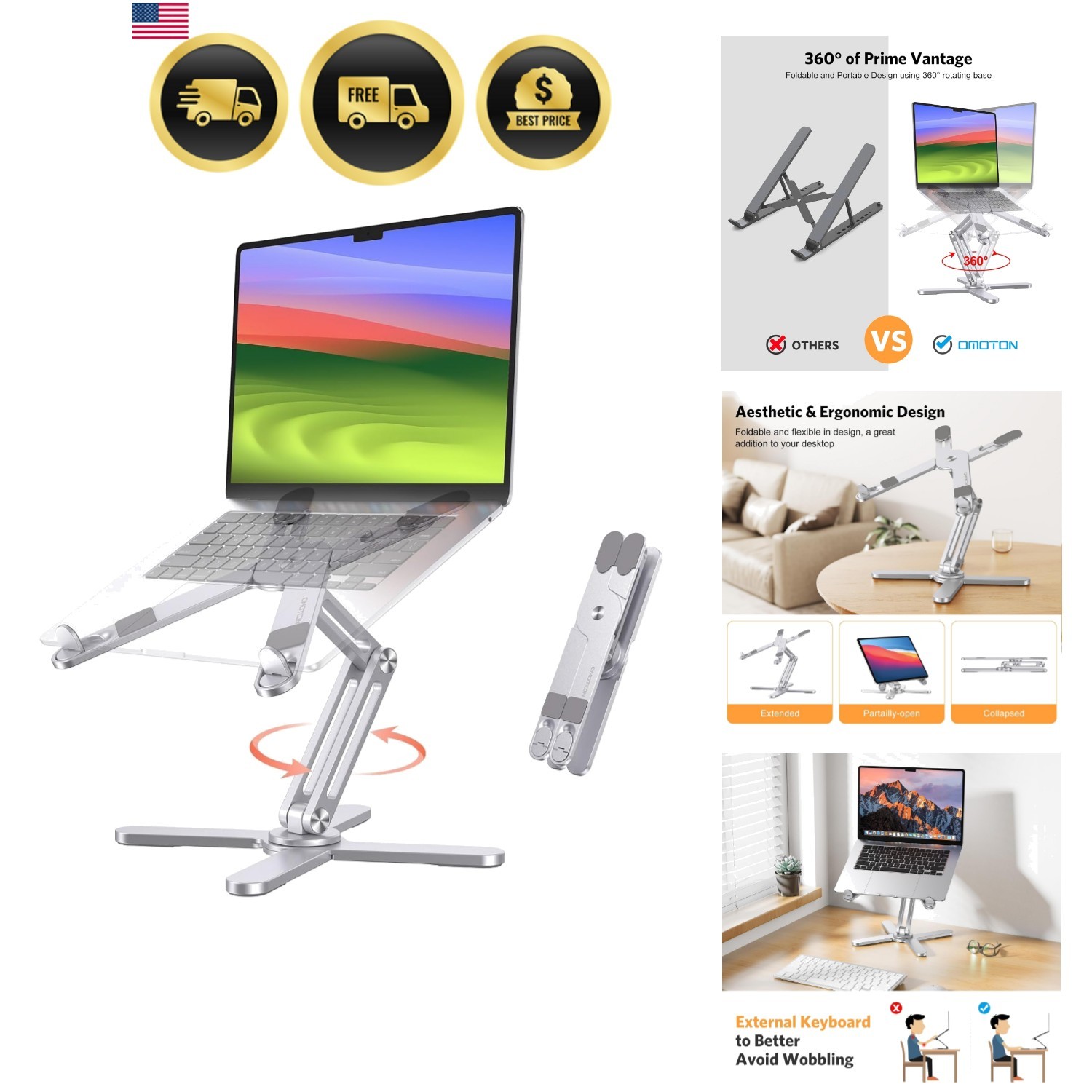 LA10 360° Rotating Laptop Stand Riser for Desk, Ergonomic Foldable Computer S...