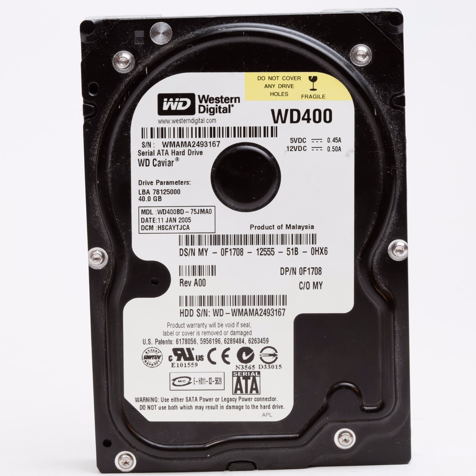 Dell 40GB SATA Hard Drive F1708 Western Digital WD400BD-75JMA0 HSCAYTJCA - WD400