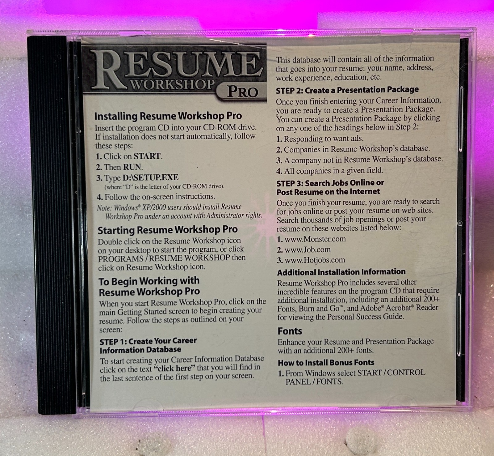 VINTAGE Resume Workshop Pro (CD-ROM, 204, Valusoft) W/ Case, Tested